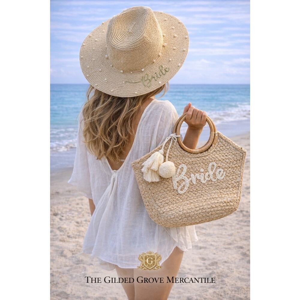 Shiraleah Bride Straw Tote & Pearl Bride Sun Hat Set NWT Bachelorette Beach